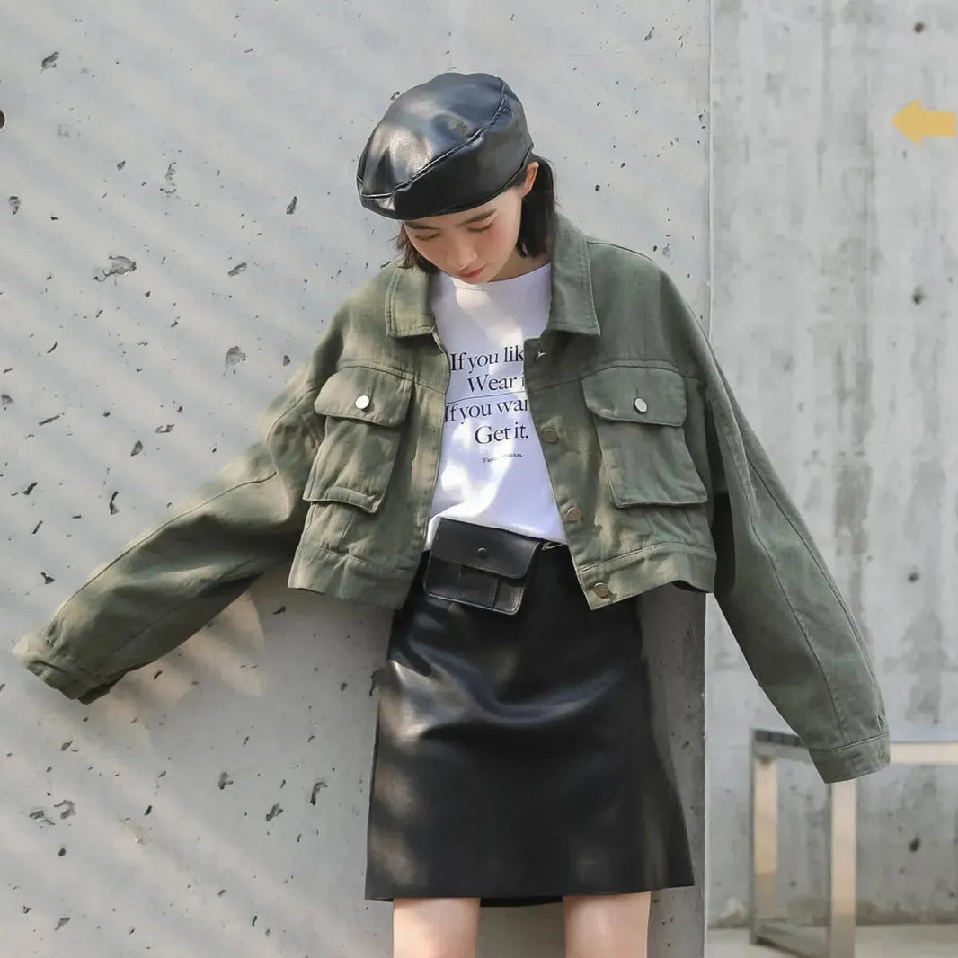 Single Breasted Long Sleeve Cargo Crop Denim Jacket Women - EX-STOCK CANADA