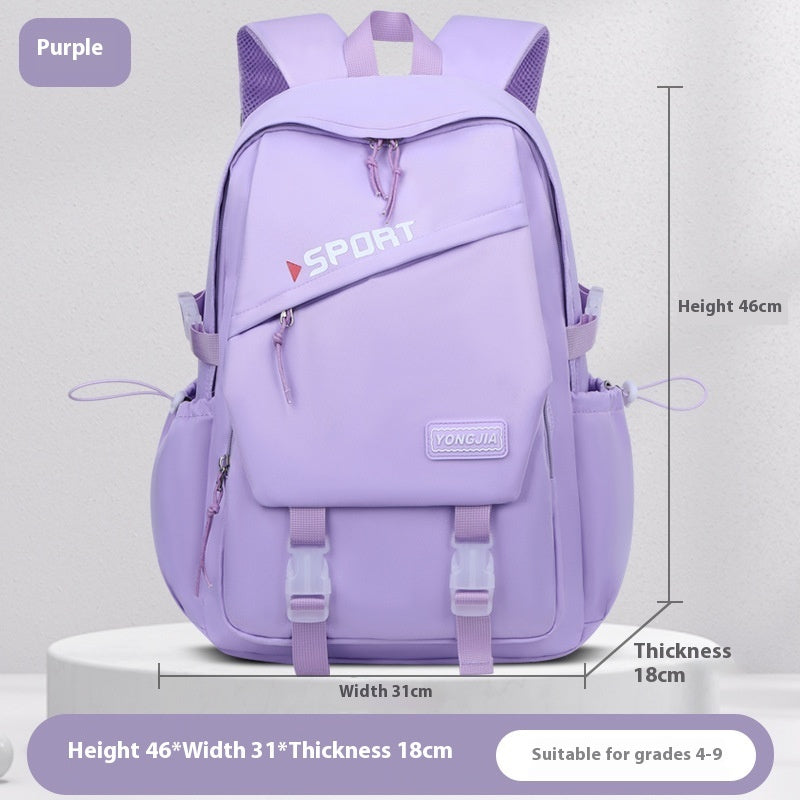 Purple backpack with measurement details on a light gray background