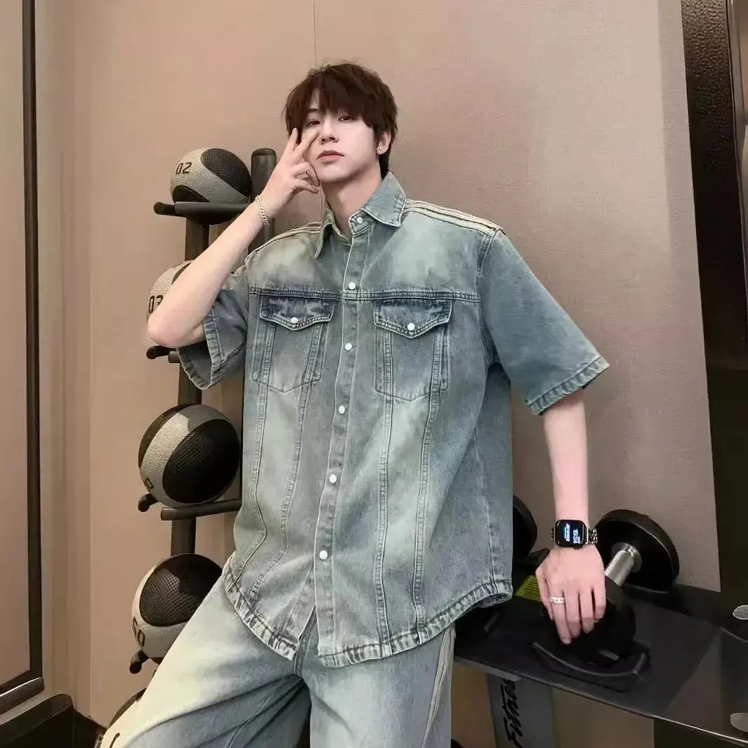 Retro Side Three Bar Stripes Short Sleeve Denim Shirt Outfit Men Jeans - EX-STOCK CANADA