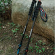 Two black hiking poles with blue and red accents, standing on a forest floor next to a large rock. A matching black and red wrist strap is draped over the rock.