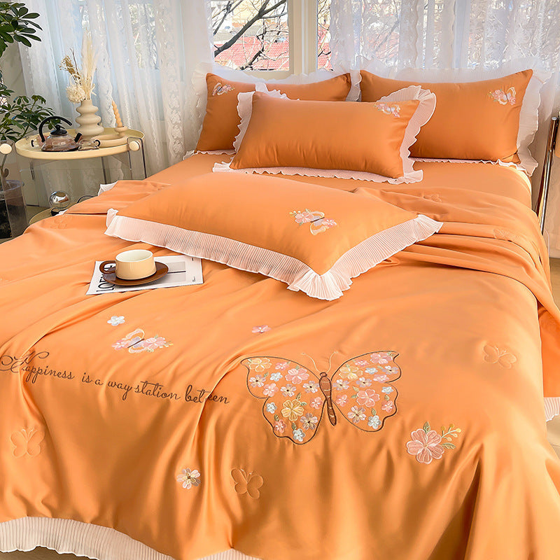 Korean Ice Silk Summer Quilt Four-piece Set Embroidery Lace Air Conditioning Cool Feeling Thin Duvet EX-STOCK Canada 
