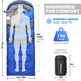 Blue sleeping bag with dimensions, weight, and comfort information displayed.