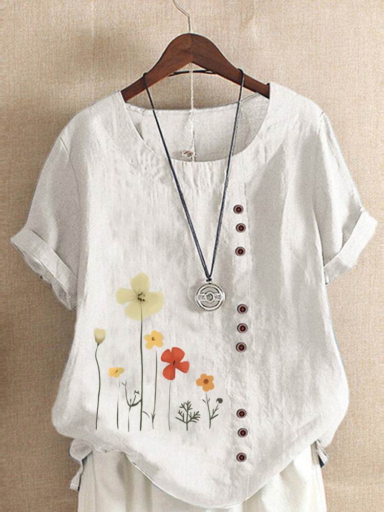 Casual Summer Beach Cotton And Linen Printed Elegant Short Sleeve blouse Top Women - EX-STOCK Canada