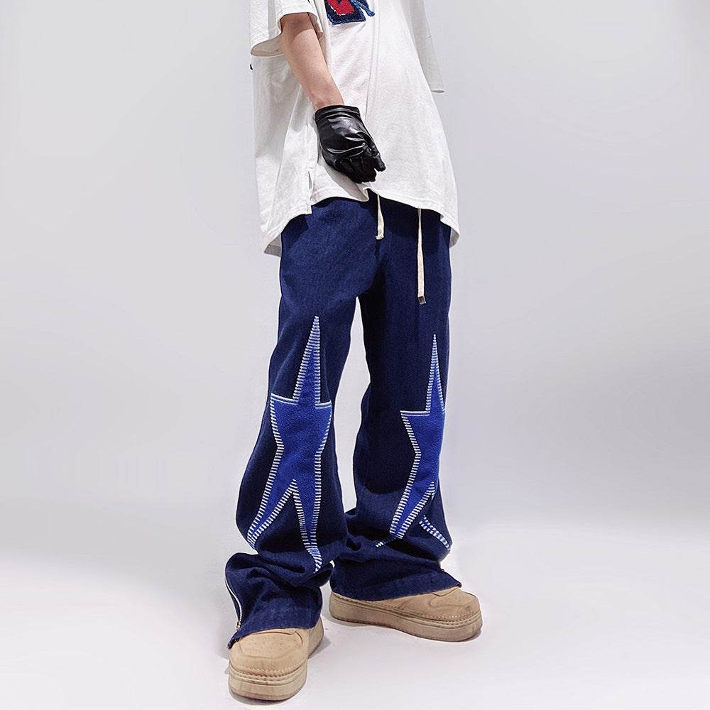 Five-pointed Star Embroidery Denim Horn Loose Straight Casual All-match Mop Jeans Baggy Trousers Men - EX-STOCK Canada