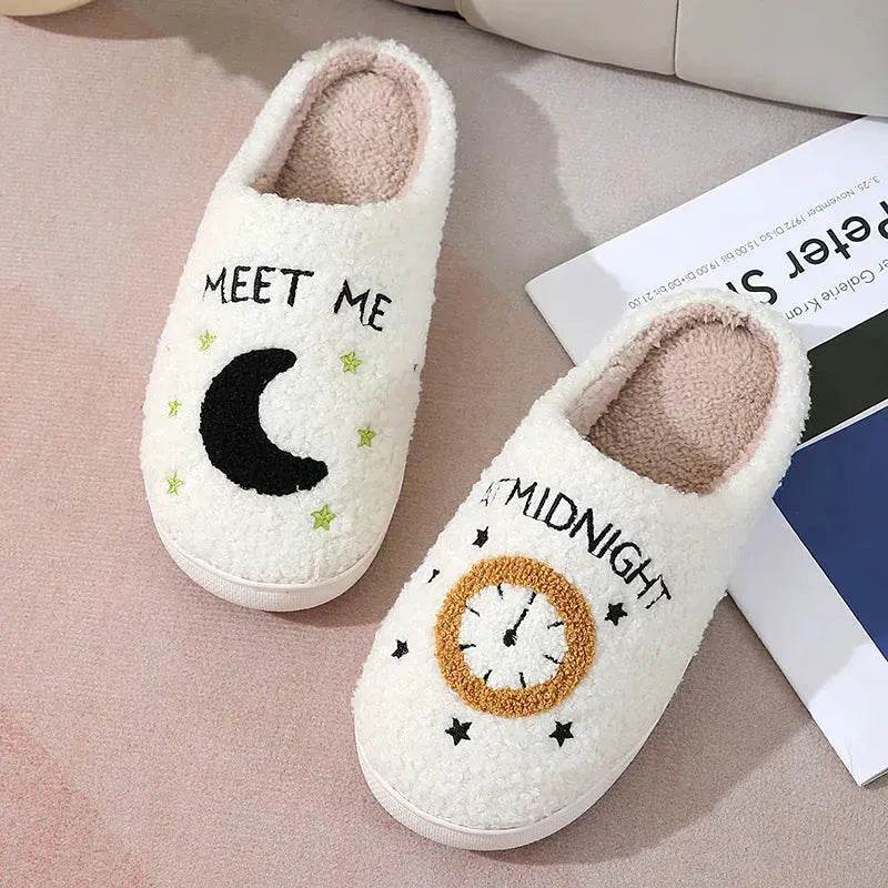 Fashion Moon And Clock Print Home Slippers Winter Warm Floor Bedroom House Shoes For Women - EX-STOCK Canada