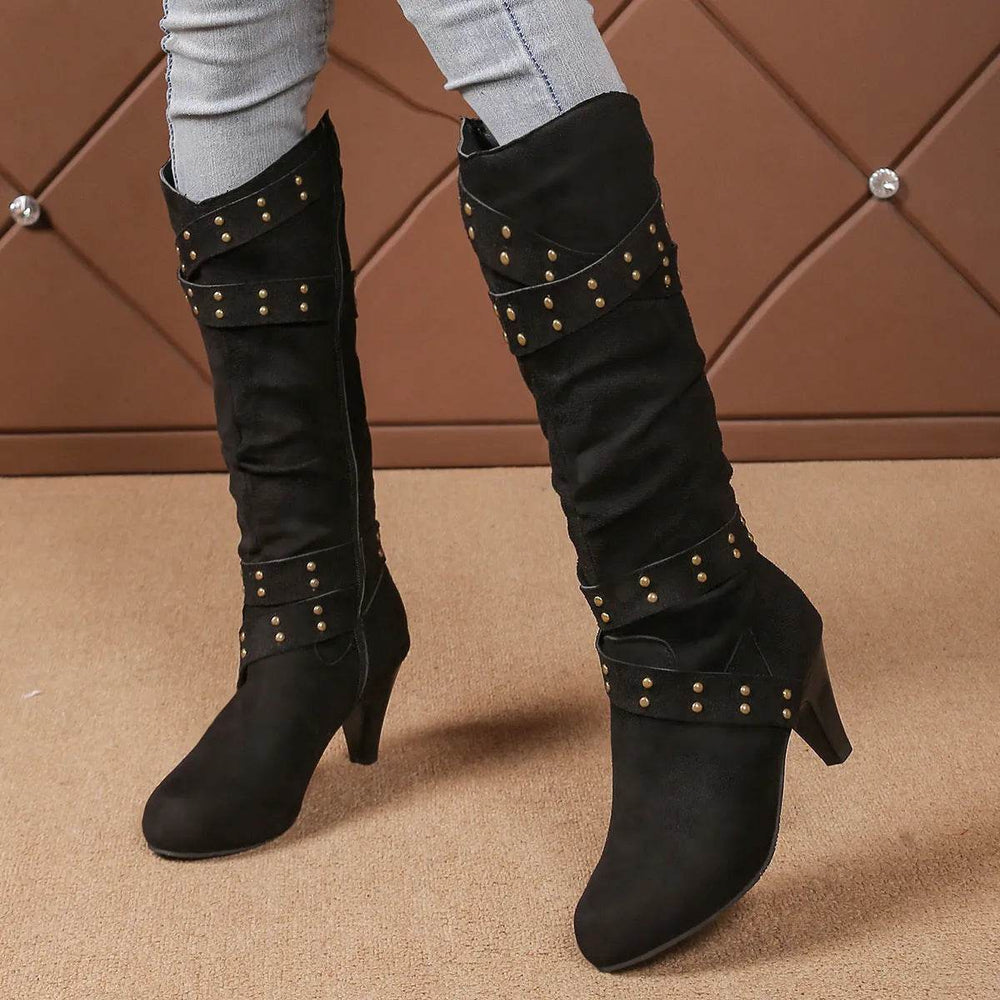 Fashion High Heel Boots With Cross-strap Rivet Design Retro V-cut Western Cowboy Boot Casual Zipper Shoes For Women - EX-STOCK Canada