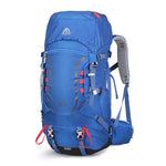 Blue hiking backpack with red accents on a white background
