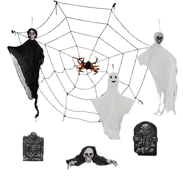 Outdoor Halloween Decorations 8-Piece Set, Hanging Ghosts Decor And Cobweb And Gravestone With Lighted Up Eyes, Scary Swinging Ghost Flying For Yard Patio Lawn Garden - EX-STOCK Canada