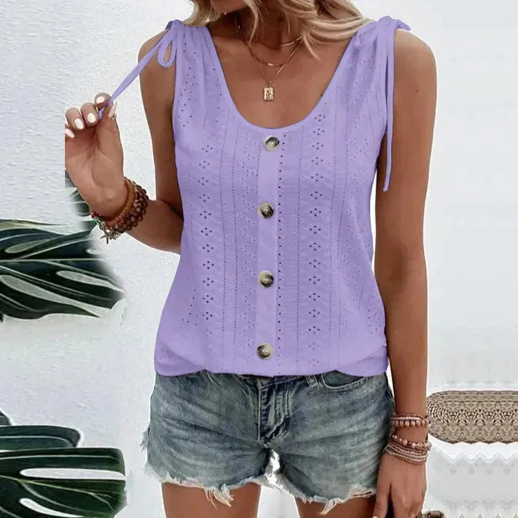 Casual summer U-neck Vest Women Shoulder With Bow Tie Summer blouse top - EX-STOCK CANADA