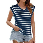 Fashion Stripe Print V-neck Short-sleeved T-Shirt Summer Loose Casual top for Women - EX-STOCK CANADA
