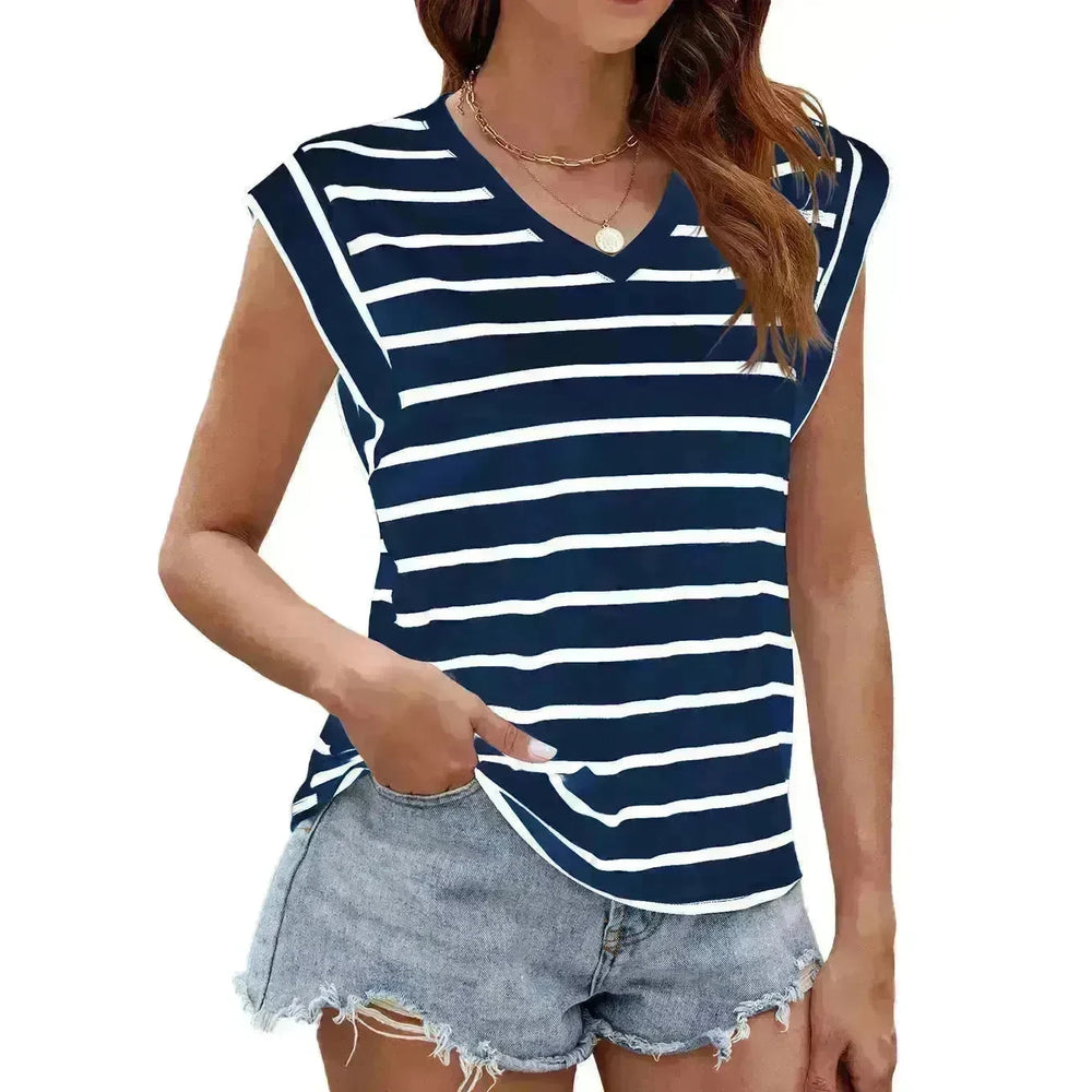 Fashion Stripe Print V-neck Short-sleeved T-Shirt Summer Loose Casual top for Women - EX-STOCK CANADA