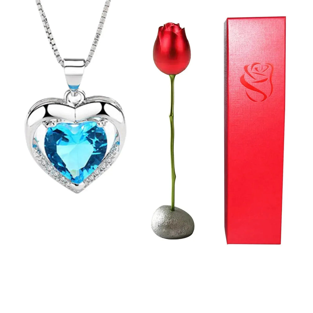Valentines Day Gift Heart Shaped Blue Purple Crystal Diamond Pendant Rose Head Necklace - EX-STOCK CANADA