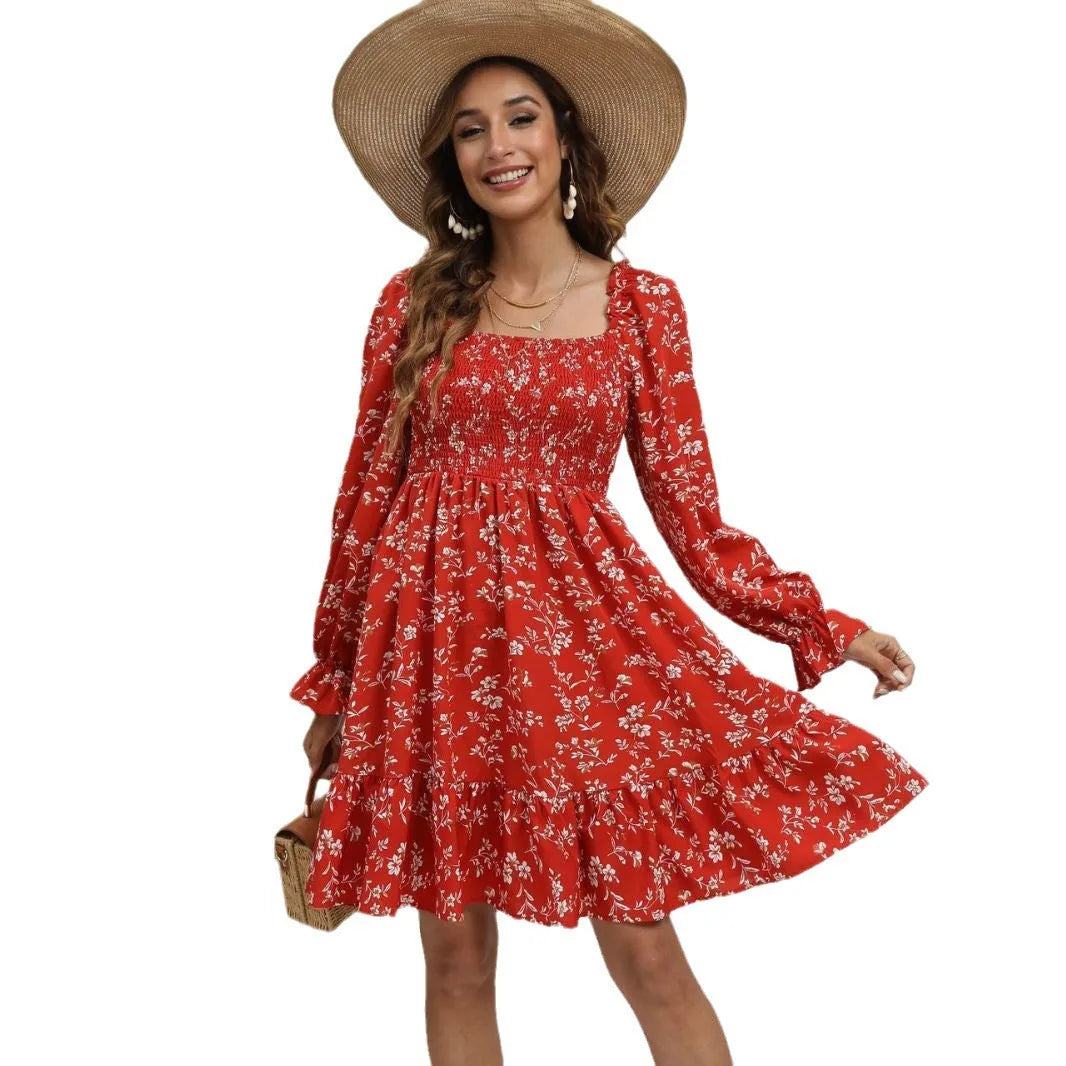 Casual Spring And Summer lantern Sleeve floral Mini Dress - EX-STOCK CANADA