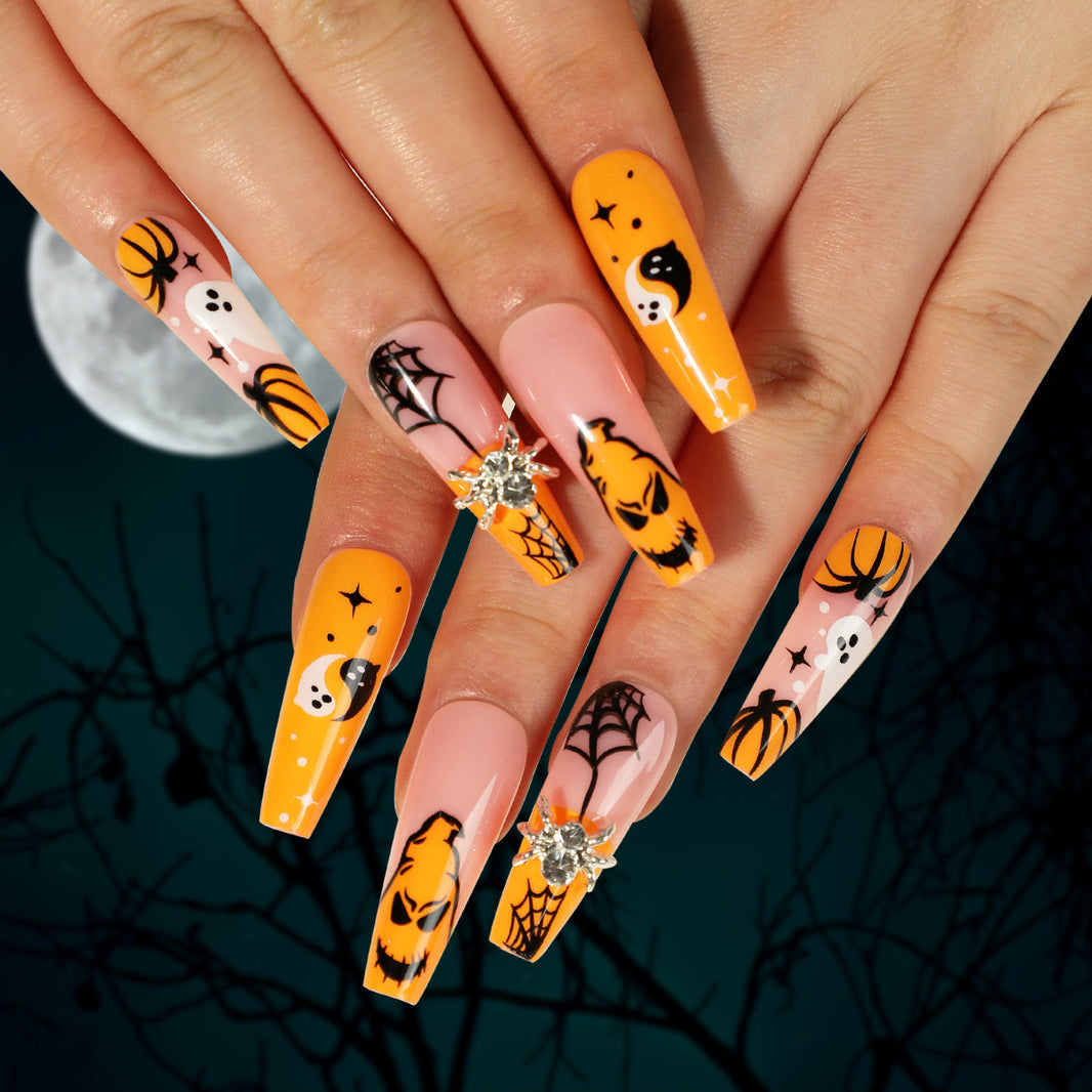 24 PCS Press On False Nails Short Medium Length Full Cover Acrylic Fake Nails Almond Shaped Ballerina Nails Cute Pumpkin Bat Ghost Spider Reusable Nails Nail Salons Home DIY EX-STOCK Canada 