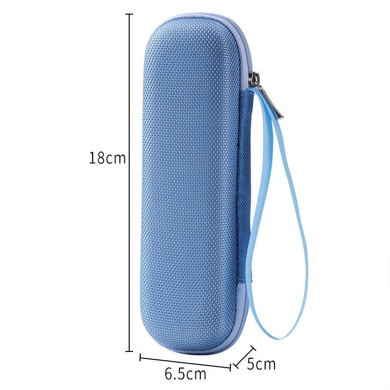 Blue hard-shell carrying case with measurements on a white background