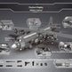 An exploded product display diagram of a gray military-style toy aircraft set on a dark gray background, with labeled inset views showing parts such as the landing gear, engine, weapons, and support frame retraction.