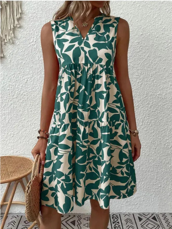 Bohemian Dresses Summer Beach Fashion Loose V-neck Pleated Print Sleeveless Dress For Women - EX-STOCK CANADA
