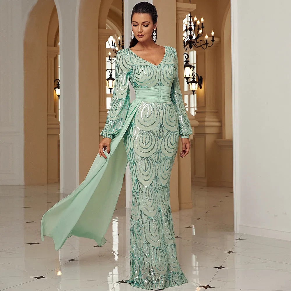 Long Sleeve Sexy Long Sequined V-neck Banquet Ribbon Evening Dress - EX-STOCK CANADA