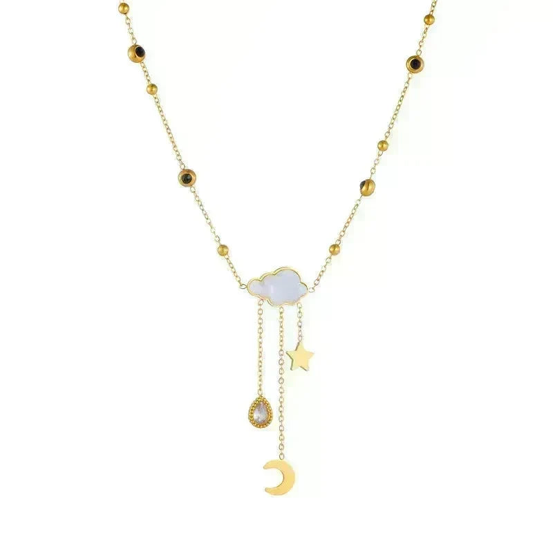 White Shell Cloud Star Moon Long Fringe Water Drop Fashion Necklace - EX-STOCK CANADA