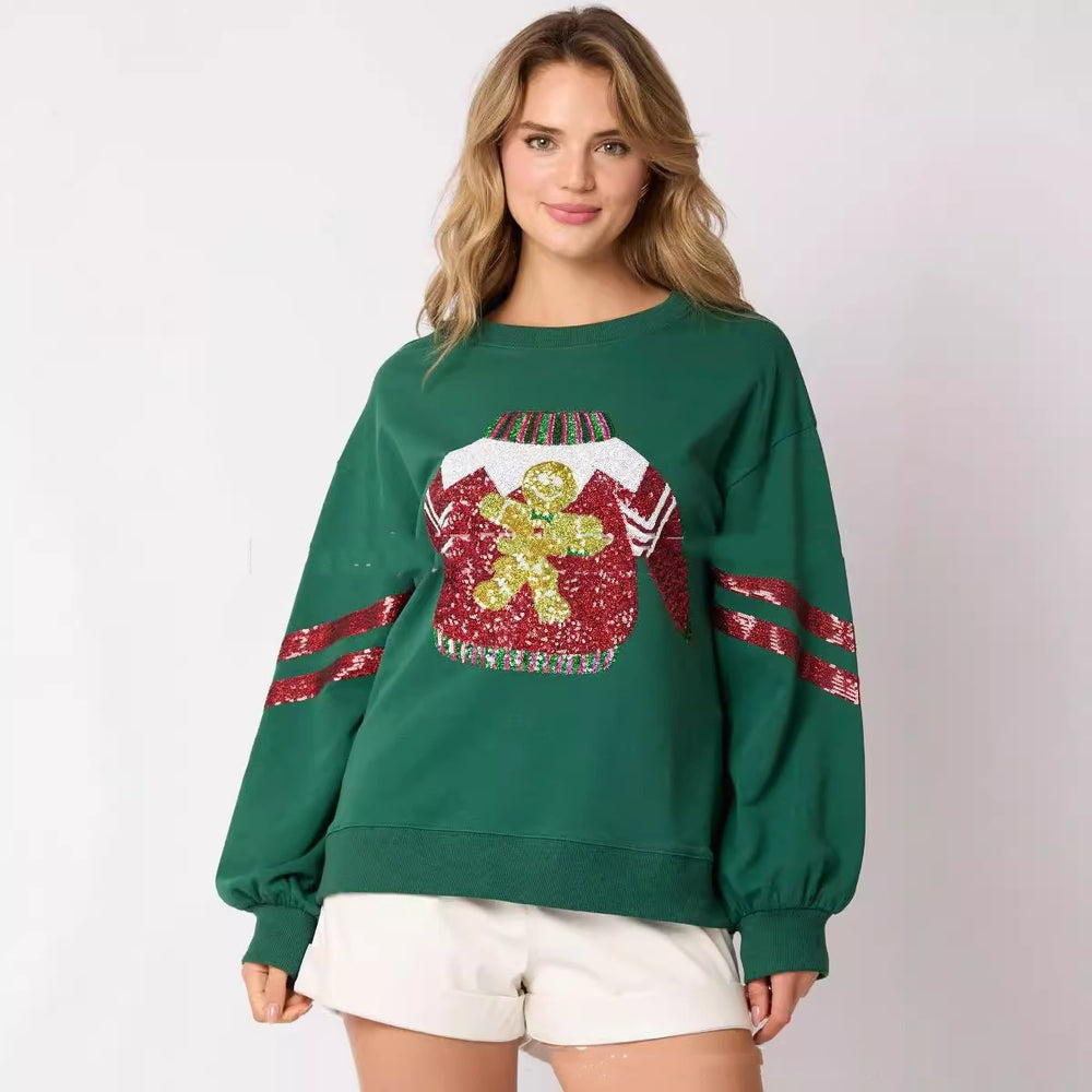 Women's Christmas Sequined Round Neck Top Casual Sweatshirt EX-STOCK Canada 