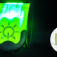 Green LED wristband glowing in the dark with inset showing product details.