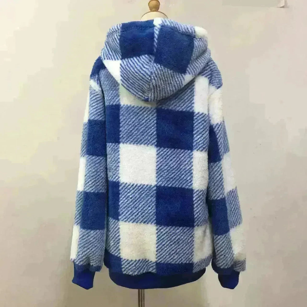 Casual Thick Fleece Plush half zip Plaid Hoodie Pullover top for women - EX-STOCK CANADA