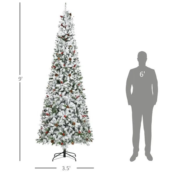 9-foot Pencil Snow Flocked Artificial Christmas Tree With 1350 Pine Realistic Branches, Pine Cones, Red Berries, Auto Open, Green EX-STOCK Canada 