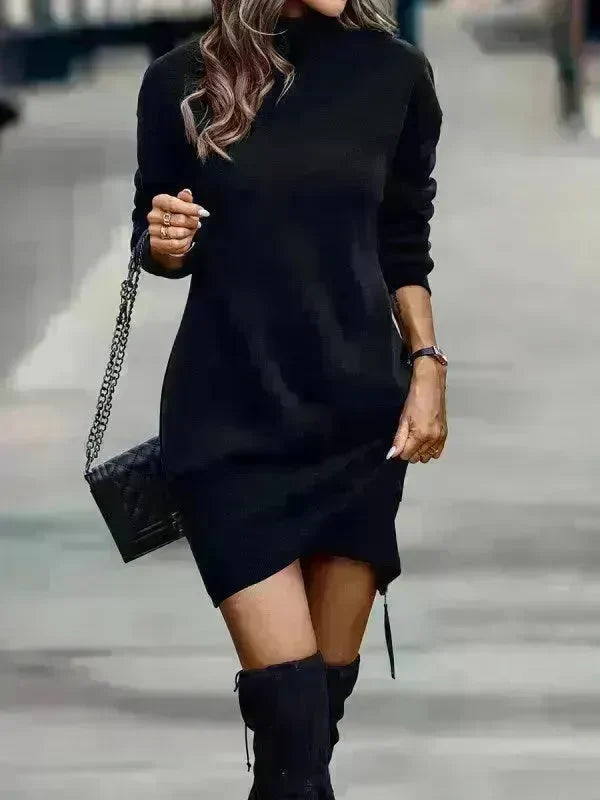 Long Sleeve Dress Solid Color High Neck Cross Short Cashmere Dress for Women - EX-STOCK CANADA