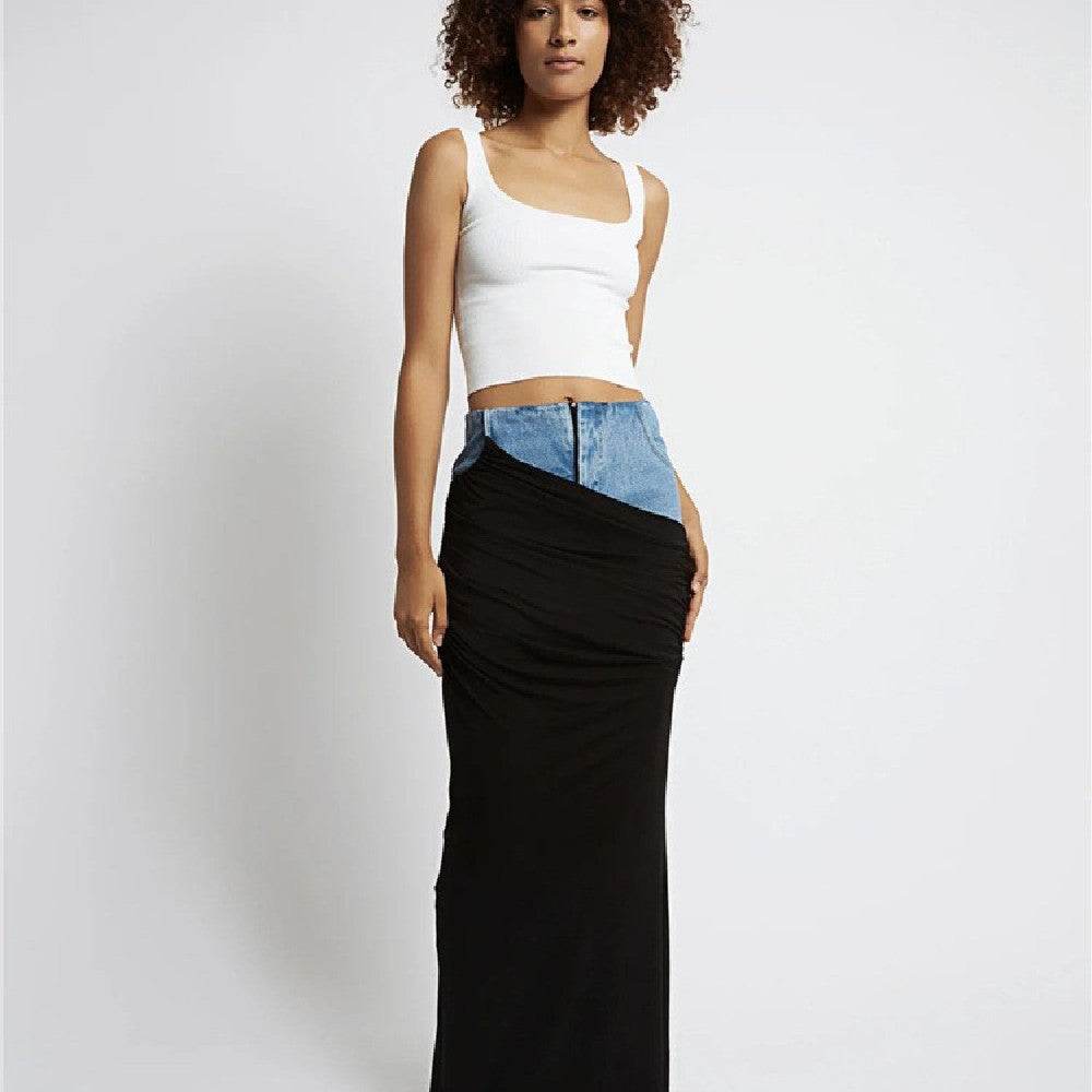 Fashion Black Panel Long Pencil Denim Skirt - EX-STOCK Canada