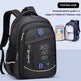 Black and red backpack with dinosaur design on a light blue background