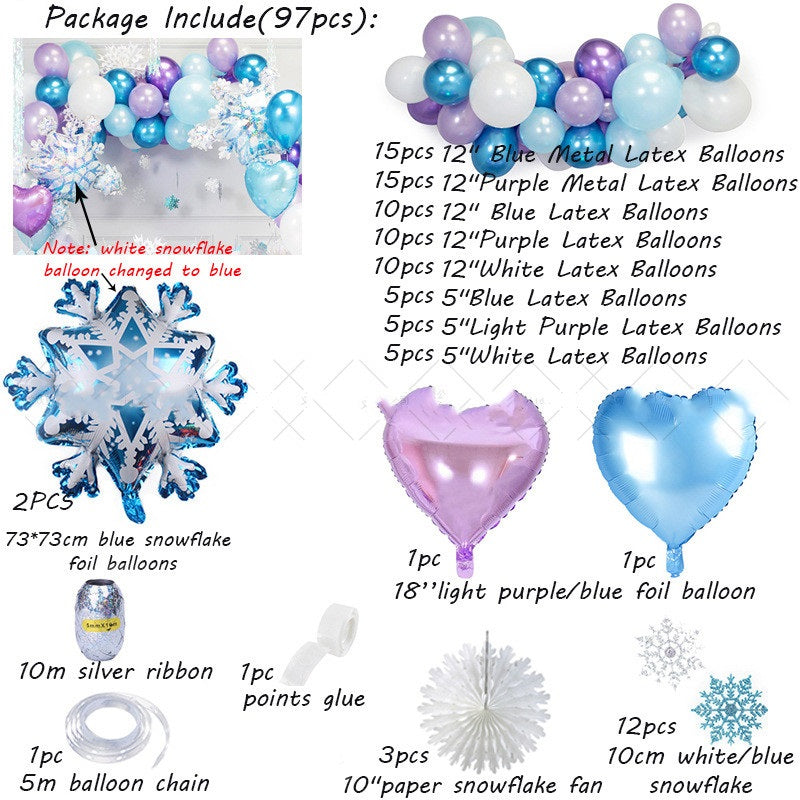 A product package and contents chart for a balloon and foil balloon decoration set. The image shows a sample decorated wall with blue, white, and purple balloons, a large blue snowflake foil balloon, a silver ribbon spool, paper snowflake fans, and text listing the included items and balloon sizes.