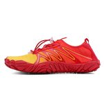 Red and yellow athletic shoe on a white background
