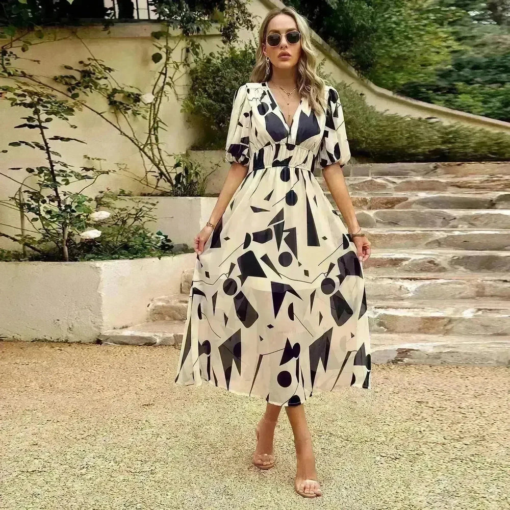 Summer Chiffon Floral Printed Temperament Waist-controlled V-neck Casual Midi Dress - EX-STOCK CANADA