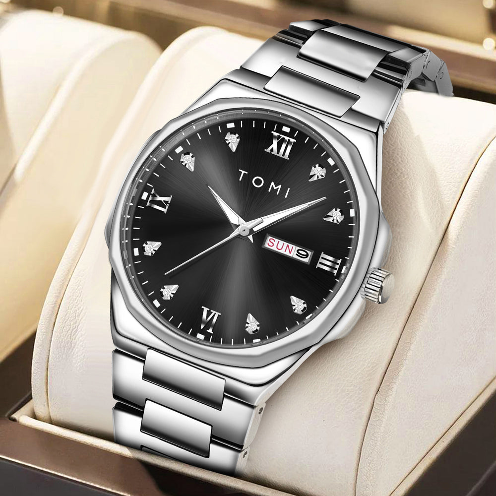 TOMI Diamond Encrusted Quartz Watch for Men – Stainless Steel Dress Watch black 