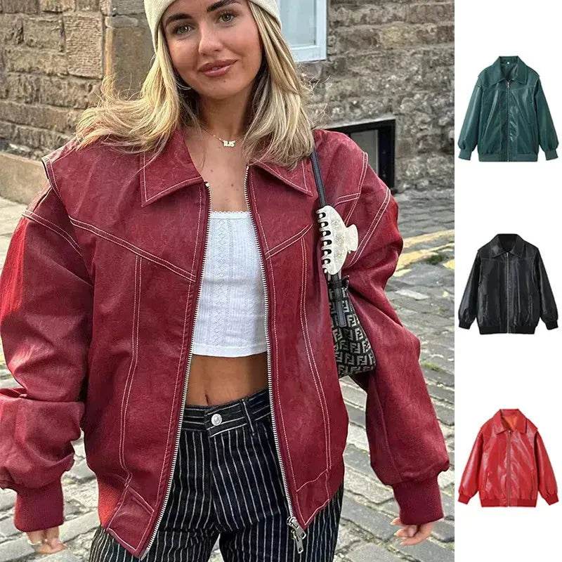 Oversized Fashion Zip-up Lapel Leather Jacket for women - EX-STOCK Canada