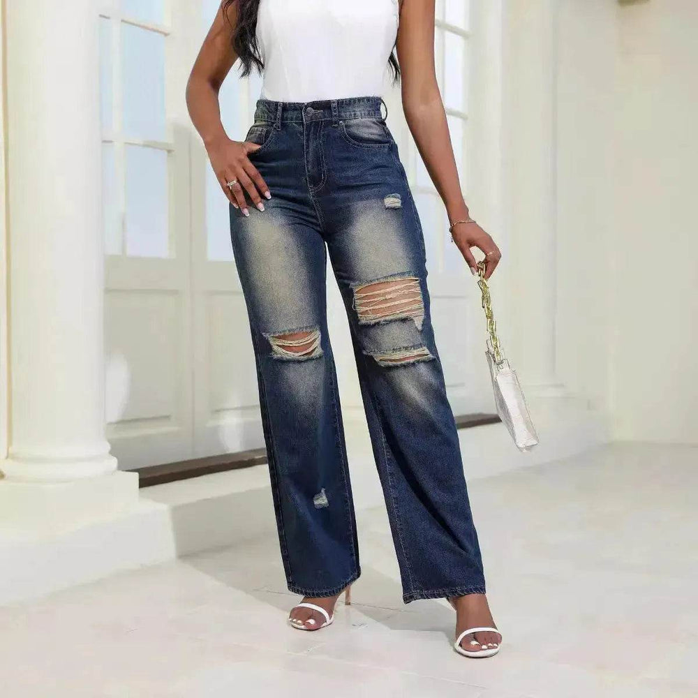 Fashion High Waist Ripped Jeans pants With Pockets Comfortable Slim Fit Denim Trousers Straight Wide-leg jeans Pants - EX-STOCK Canada