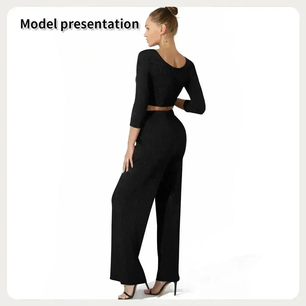 Women Fashion Casual Matching 2pcs set Long Sleeve Crop top and Pant set - EX-STOCK CANADA