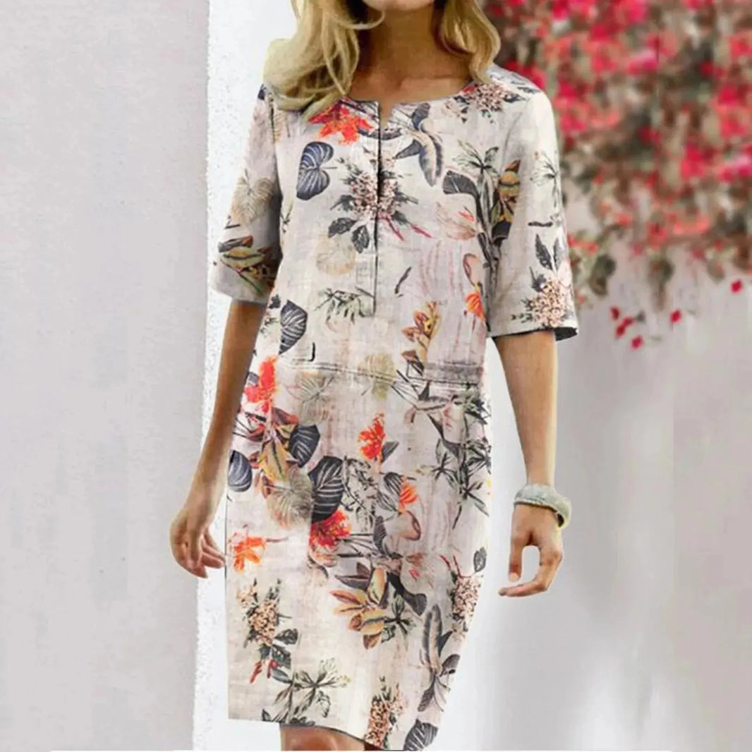 Vintage Dress Women Summer Floral Leaf Print Slit Round Neck Half Sleeve Dresses - EX-STOCK CANADA