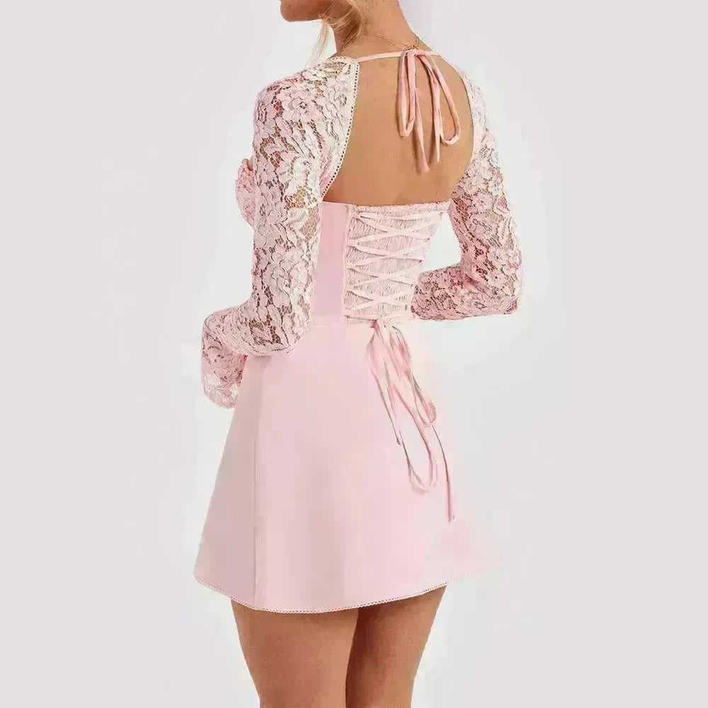 Women Fashion Corset Lace Long Sleeve Dress Charming Y2K Backless Lace up  Short  Mini Dress Low Back Mini Dress for Cocktail Evening Party Events. - EX-STOCK CANADA