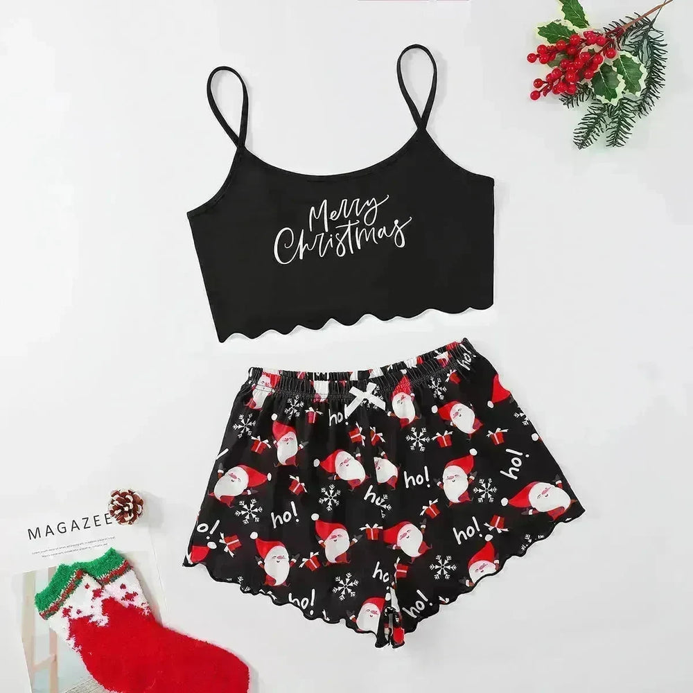 Christmas European And American Thin Pajamas Women's Sleeveless Shorts Milk Silk Simple Casual Two-piece Suit Homewear - EX-STOCK CANADA