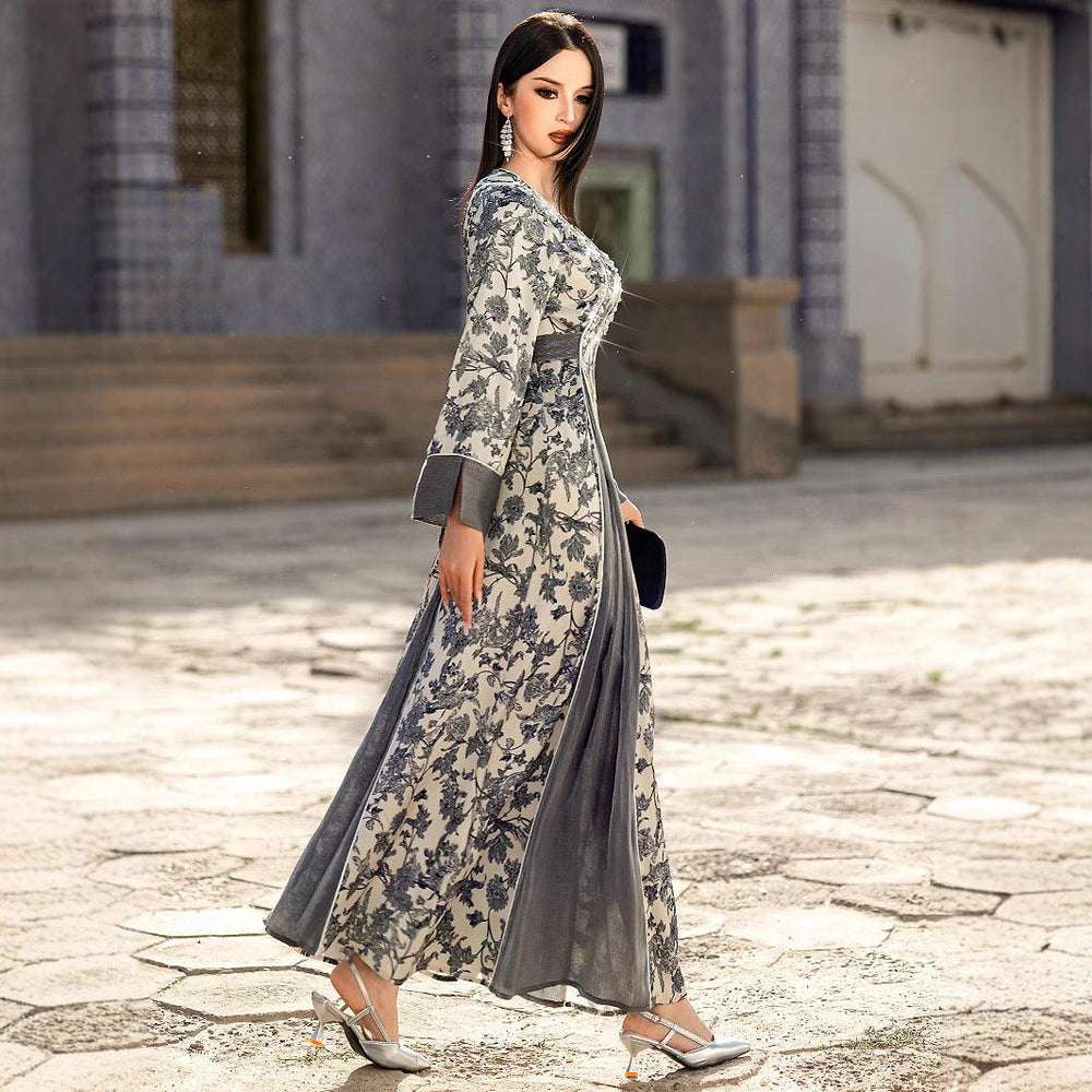 V-neck Satin Printed Muslim Dress - EX-STOCK Canada