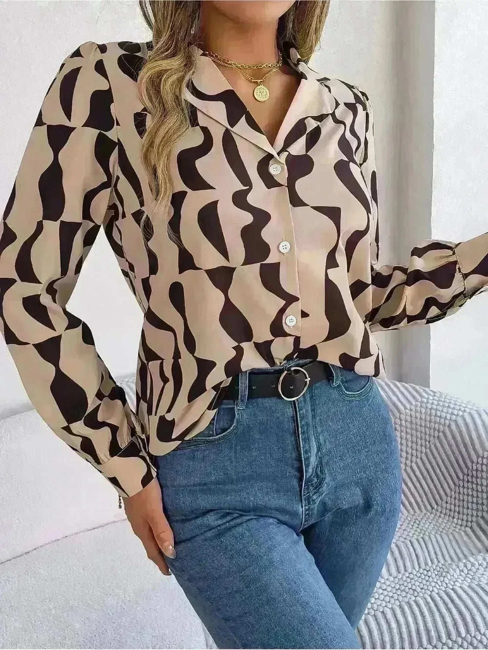 Commuting Elegant Contrast Color Striped Suit Collar Long Sleeve Shirt Formal Top for Women Office Wear Top - EX-STOCK CANADA