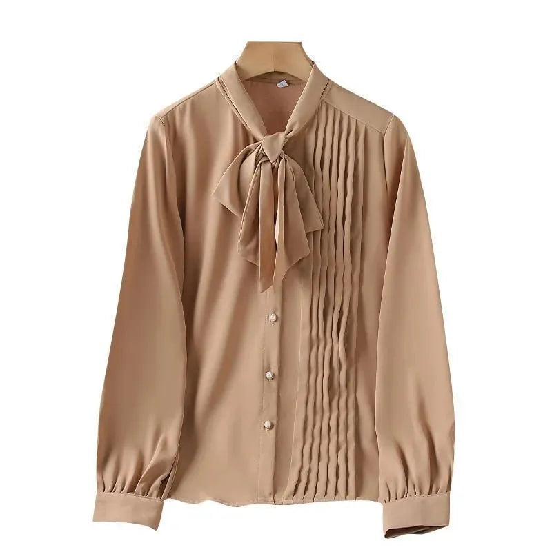 Women neck tie Chiffon Long Sleeve Shirt For work - EX-STOCK CANADA
