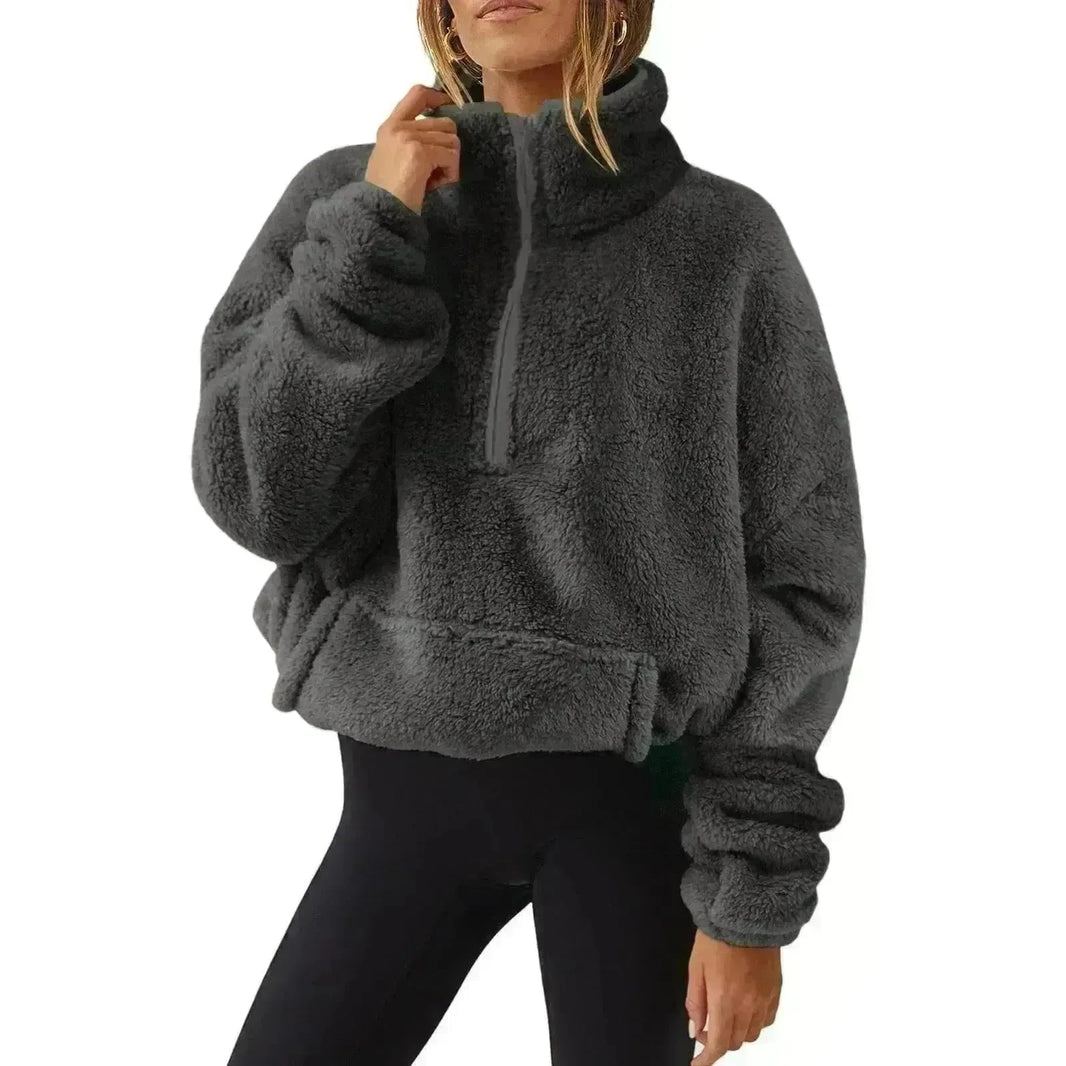 European And American Velvet Fleece-lined Women's Half Zipped Stand Collar Sweater - EX-STOCK CANADA