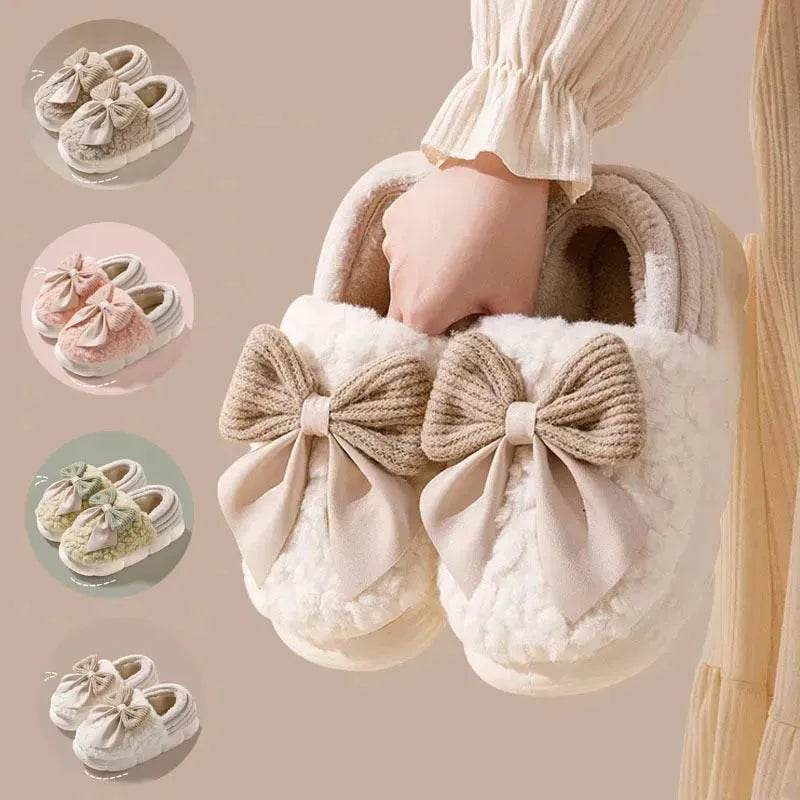 Big Bow-knot Fluffy Slippers Winter Warm Covered Heel Cotton Shoes Fashion Thick-soled Platform Slippers Indoor And Outdoor Garden Walking Shoes - EX-STOCK Canada