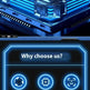 A promotional graphic for a blue and black electronic device, featuring a close-up of its metallic and glowing blue components at the top and a feature list panel at the bottom with icons and text including 'Four rotations', 'AI Smart Chip', 'Face Recognition', and 'Bluetooth'.
