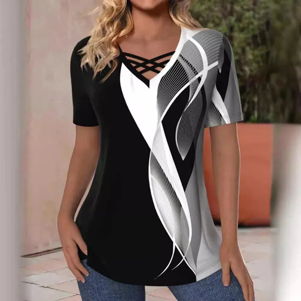 Fashion Printed V-neck Short-sleeved tunic Top For Women - EX-STOCK CANADA