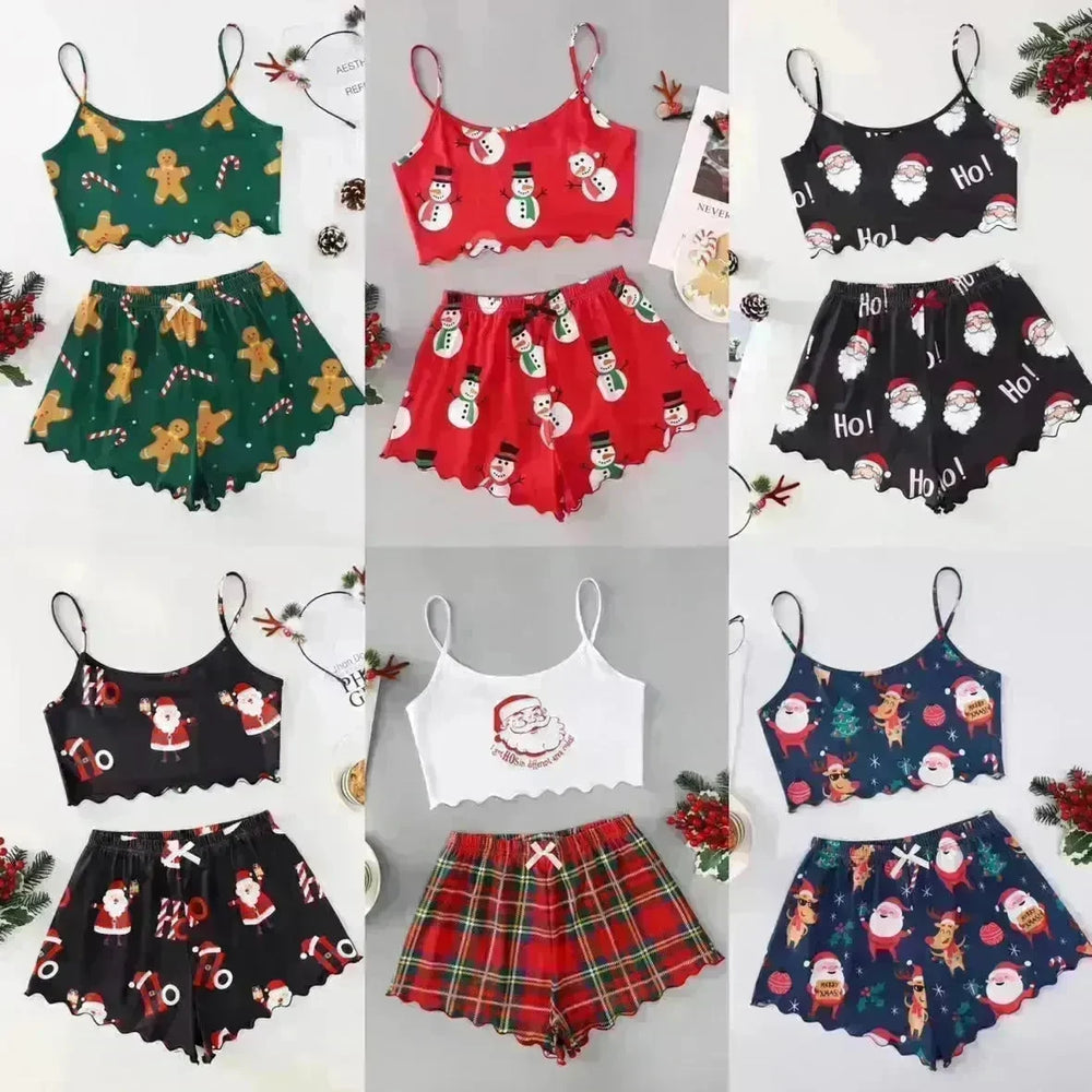 Christmas European And American Thin Pajamas Women's Sleeveless Shorts Milk Silk Simple Casual Two-piece Suit Homewear - EX-STOCK CANADA