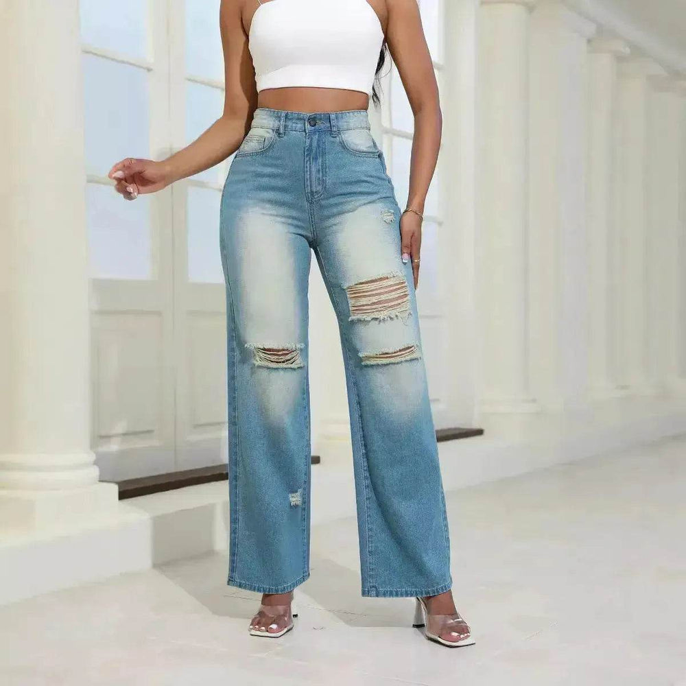 Fashion High Waist Ripped Jeans pants With Pockets Comfortable Slim Fit Denim Trousers Straight Wide-leg jeans Pants - EX-STOCK Canada