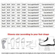 Shoe size chart with measurements for foot length, width, and heel height, along with illustrations of foot shapes.